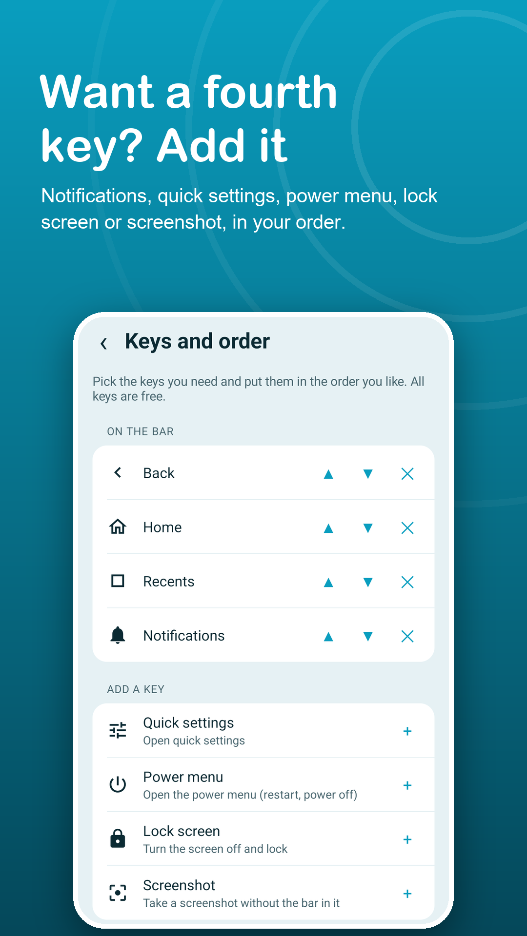 Keys and order screen with Back, Home, Recents and Notifications