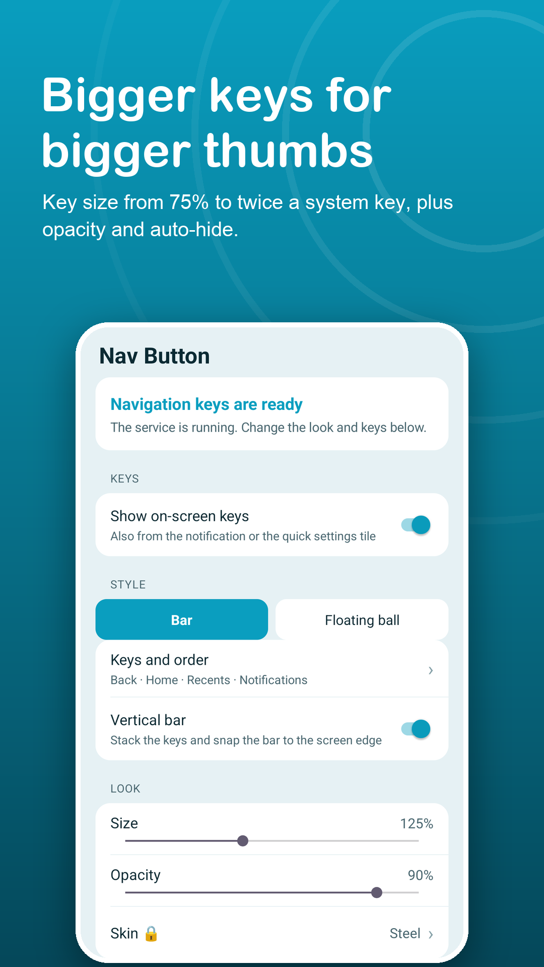 Nav Button home screen with vertical bar on and size 125%